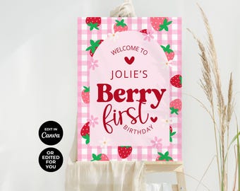 Tabliczka powitalna z okazji pierwszych urodzin Berry: Plakat z różowymi truskawkami (do pobrania natychmiast)