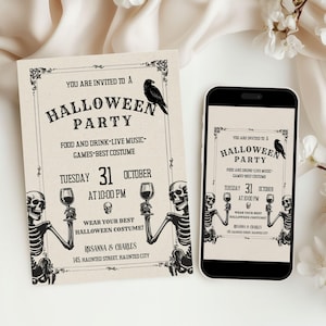 May include: A Halloween party invitation with a vintage design. The invitation includes the text "Halloween Party" and event details. The design features a raven, skeletons, and decorative borders. A smartphone displays the same invitation.