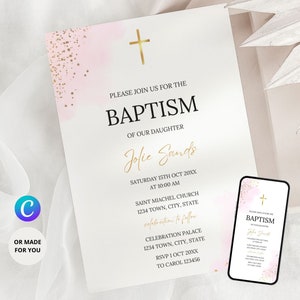 Modern Christening Invitation, Girl Baptism Invitation Template, Pink Christening Invite Template, Pink Watercolor Girls Pink Gold Evite