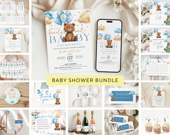 Blue Bear Baby Shower Bundle: Invitation & Games (Canva Template)