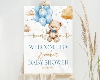 Bearbeitbares Braunbär-Ballon-Babyparty-Willkommensschild, Wir können Bärenbabyparty-Plakat warten, blauer Jungen-Bär-Babypartydekor