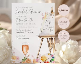 Sip and Paint Bridal Shower Invitation, Editable Canva Template, Digital Printable Download
