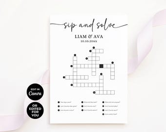 Wedding Crossword Puzzle Template: Sip and Solve Game (Canva Editable)