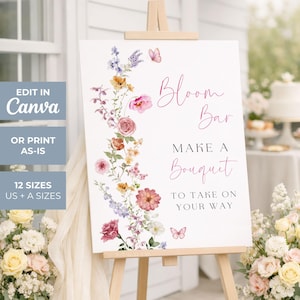 Op de afbeelding: Een wit rechthoekig bord op een houten ezel met een bloemstuk van roze, oranje en paarse bloemen en vlinders. De tekst luidt: Bloom Bar, MAKE A BOUQUET, TO TAKE ON YOUR WAY. Het bord bevat tekst over het bewerken in Canva.