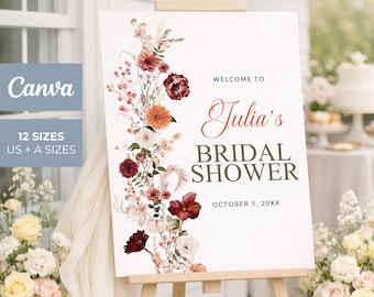 Fall Floral Bridal Shower Welcome Sign, Autumn Editable Canva Template, Printable Download