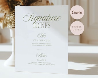 Old Money Signature Cocktail Sign, Olive Green, Editable Canva Template, Digital Printable Download