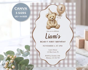 May include: A rectangular birthday invitation card featuring a light brown and white gingham pattern background. The center displays a brown teddy bear wearing a party hat and holding a balloon with the number 1. Text includes Liam's Bear-y First Birthday, November 4, at 2pm, Liam's House, 123 Bear Lane, FL, and RSVP details.