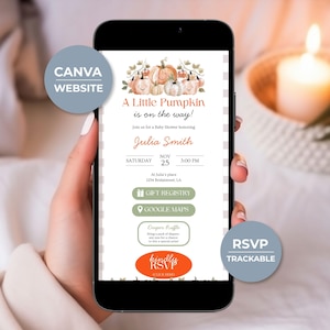May include: A digital baby shower invitation displayed on a smartphone screen featuring watercolor pumpkin illustrations and the text A Little Pumpkin is on the way, Julia Smith, Saturday Nov 25 3:00 PM, with interactive buttons for gift registry and RSVP.