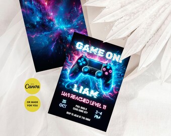 Editable Video Game Birthday Invitation: Level Up Party (Canva Template)