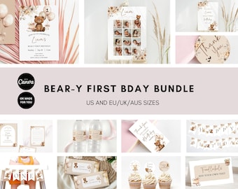 May include: A printable set of first birthday party decorations featuring a cute bear theme. The set includes invitations, thank you tags, food labels, cupcake toppers, water bottle labels, and a photo booth backdrop. The decorations are in a neutral color palette of brown, beige, and white with floral accents.