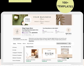 Peut inclure: Un écran d'ordinateur portable affichant la page d'accueil d'une boutique Etsy avec une variété de modèles pour les médias sociaux, les sites Web et Canva. Le nom de la boutique est "Shop Name Here" et la description de la boutique est "Your Shop Short Description Here". La boutique a une note de 5 étoiles et est un vendeur vedette. La boutique propose plus de 100 modèles et les articles en vedette sont des bougies et un modèle "Rush My Order".
