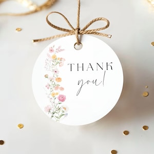 Étiquette de faveur fleurs sauvages, étiquette de remerciement ronde, modèle d'étiquette de fête florale, étiquette en toile modifiable, boho Garden Party imprimable
