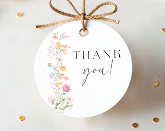 Wildflower Favor Tag, Round Thank You Tag, Floral Party Tag Template, Editable Canva Tag, Boho Garden Party Printable