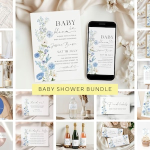 Blue Wildflower Baby Shower Bundle, Baby in Bloom Party Set, Floral Baby Shower Decorations, Editable Baby Shower Printables