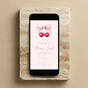 Cherry Birthday Invitation Girl: Red Bow Party Template (Digital Download)