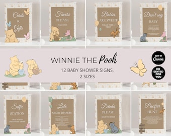 Classic Pooh Table Signs Bundle, Vintage Baby Shower Decor, Gender Neutral Baby Shower Signs, Winnie Table Signs, Editable Template