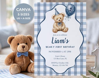 Beary First Birthday Invitation, Blue Gingham Teddy Party, Editable Canva Template