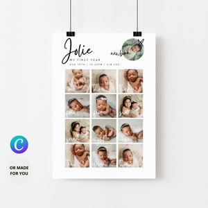 Signo de cumpleaños del hito del primer año del bebé, plantilla de póster imprimible del primer año, tablero de hitos del primer cumpleaños, tablero de hitos del bebé editable