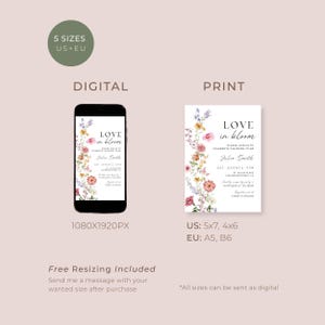 May include: A digital and print invitation design with the text "Love in Bloom" and floral accents. The digital version is displayed on a smartphone, while the print version is a rectangular card. The invitation includes details for a bridal celebration.