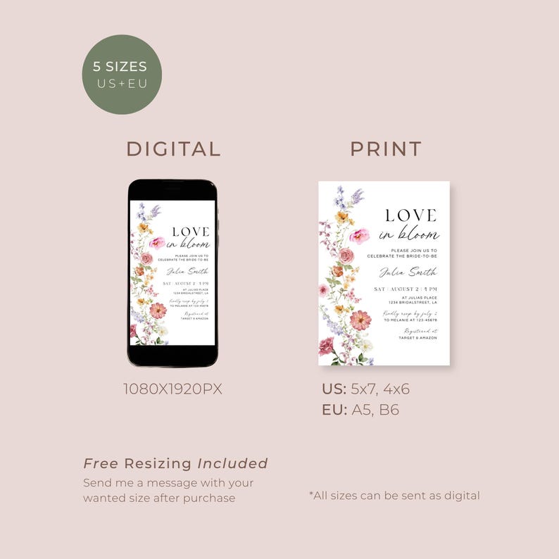 May include: A digital and print invitation design with the text "Love in Bloom" and floral accents. The digital version is displayed on a smartphone, while the print version is a rectangular card. The invitation includes details for a bridal celebration.