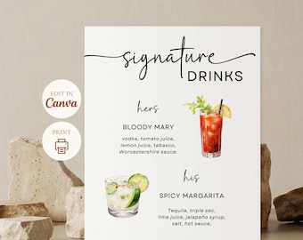 Wedding Signature Drink Sign, Bar Menu Template, Editable Canva Template, Digital Printable Download