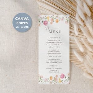 Bruiloftsmenu met wilde bloemen, Dinermenu met bloemenmotief, Bewerkbare Canva-sjabloon, Digitaal printbaar bestand