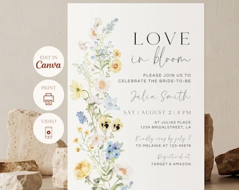 Blue Yellow Floral Bridal Shower Invitation, Editable Canva Template, Digital Printable Download
