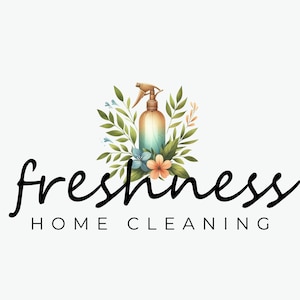 May include: A logo for a home cleaning service called "freshness" featuring a stylised illustration of a spray bottle with a floral design.