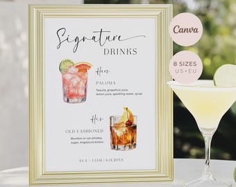 Signature Cocktail Sign, Bar Menu, His and Hers, Editable Canva Template, Digital Printable Download