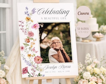 Floral Memorial Welcome Sign, Funeral Poster, Editable Canva Template, Digital Printable Download