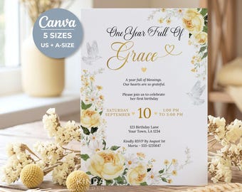 Yellow Floral First Birthday Invitation, Flower Party Card, Editable Canva Template