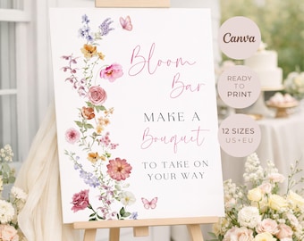 Insegna da bar con fiori, decorazione per matrimonio, baby shower, modello Canva modificabile, download digitale stampabile.
