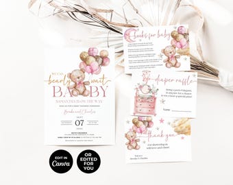 Inbjudan till babyshower med rosa nallebjörn: Akvarelldesign (digital nedladdning)