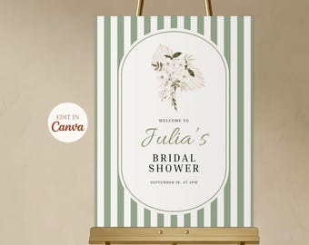 Sage Green Floral Bridal Shower Welcome Sign, Editable Canva Template, Digital Printable Download