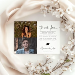 Tarjeta de agradecimiento por la graduación, tarjeta fotográfica de graduación de hermanos, plantilla de agradecimiento, tarjeta de agradecimiento imprimible por la graduación de gemelos, plantilla de Canva