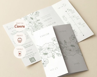Gatefold Wedding Invitation, Sage Green Floral Canva Template