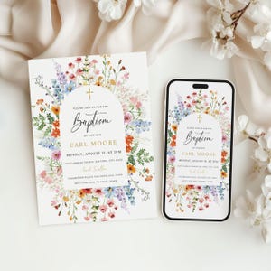 Plantilla de invitación floral colorida para bautizo, tarjeta de bautizo editable en Canva, imprimible o descarga digital.