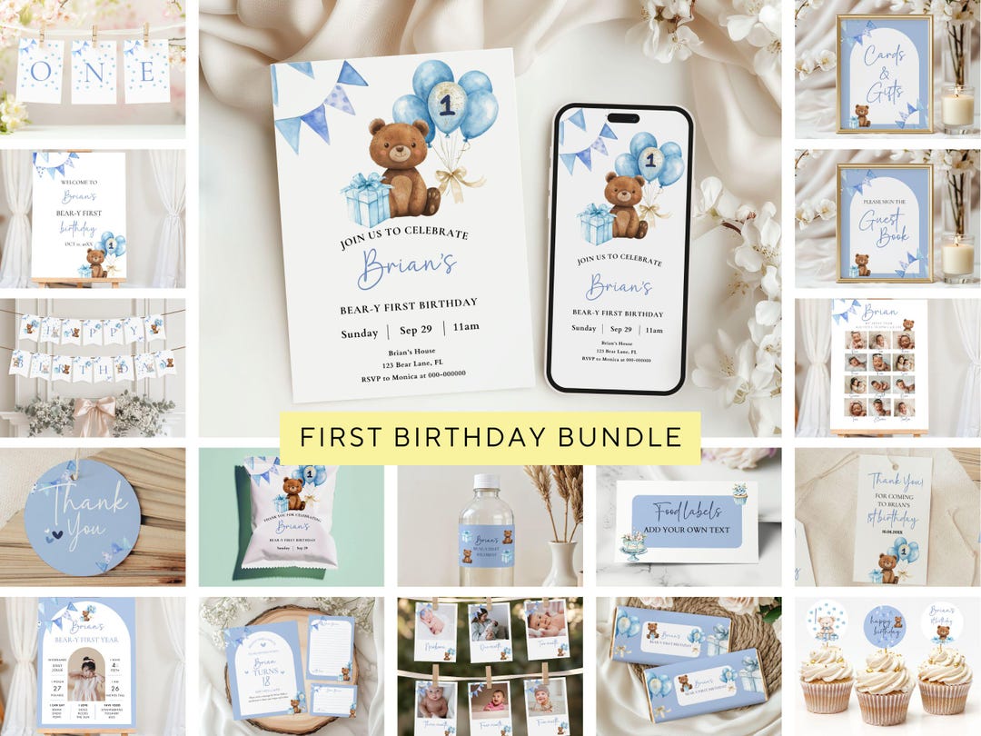 Beary First Birthday Bundle, Blue Teddy Bear Party Set, Editable 1st ...