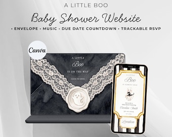 Puede incluir: Una plantilla de sitio web para baby shower que muestra en una pantalla de portátil un sobre oscuro con encaje blanco y un sello de cera de fantasma, junto a un teléfono móvil con una invitación enmarcada en oro con un gráfico de fantasma.