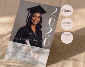 Minimalist Graduation Invitation, Simple Party Invite, Editable Canva Template, Digital Printable Download