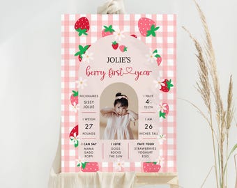 Berry First Birthday Milestone Sign: Pink Strawberry Theme (Printable Template)