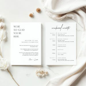 Carta de bienvenida y cronograma modernos, plantilla de itinerario de fin de semana de boda, bienvenida y horario de boda editables, imprimibles, plantilla de Canva
