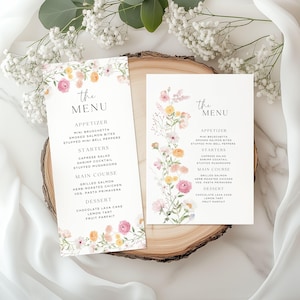 Modèle de menu fleurs sauvages, menu fleuri, modèle toile modifiable, carte de menu de mariage, menu de fête, conception de menu floral