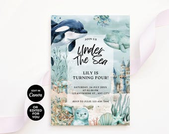 Faire-part d'anniversaire sous la mer : fête des animaux marins (numérique)