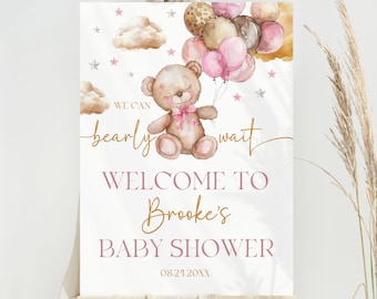 Editable Brown Bear Balloon Baby Shower Welcome Sign, We Can Bearly Wait Baby Shower Poster, Pink Bear Girl Baby Shower Decor