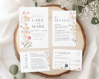May include: Wedding invitation suite with floral designs. The invitation features the names "Lara and Mark" and the date "August 20th". The details card includes information about the reception, accommodations, and RSVP details.
