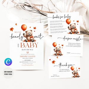 Conjunto de invitación a baby shower de oso, invitaciones a baby shower con tema de otoño, set de baby shower de otoño, libros para bebé, rifa de pañales, tarjetas de agradecimiento