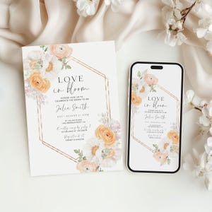 Goldener Pfirsich Brautpartyeinladung, elegante Blumenhochzeit einladen, bearbeitbare Canva-Vorlage, druckbare Duschkarte