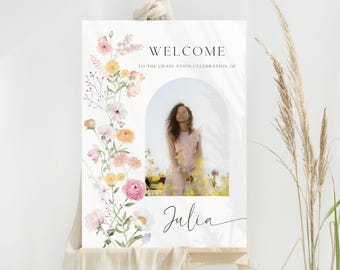 Graduation Welcome Sign with Photo, Floral Grad Party Sign, Editable Canva Template, Class of 2025 Poster, Graduation Party Decor