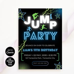 Jump Party Invitation, Trampoline Park Birthday Invite, Bday Party Evite, Editable Canva Template
